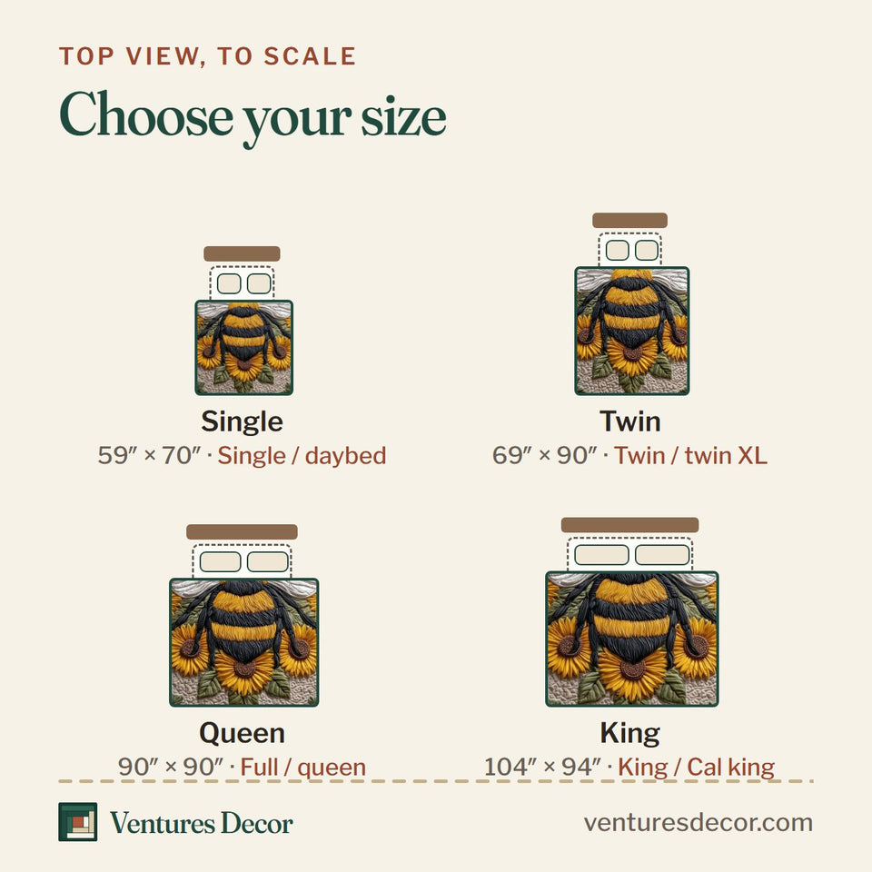 Size guide for the Bee Heaven Bee In A Sunflower Ring quilt, top view to scale: Single 59 x 70 in, Twin 69 x 90 in, Queen 90 x 90 in, King 104 x 94 in