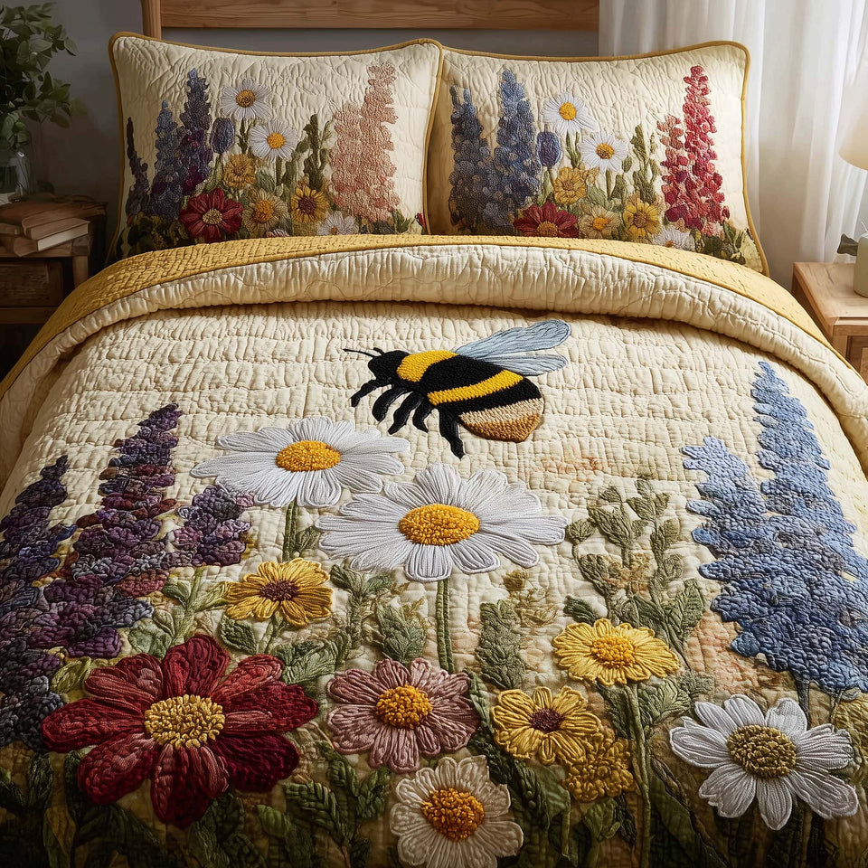 Bee Heaven Bee Over The Wildflower Bank quilted bedding set, quilt and two pillow shams on a made bed