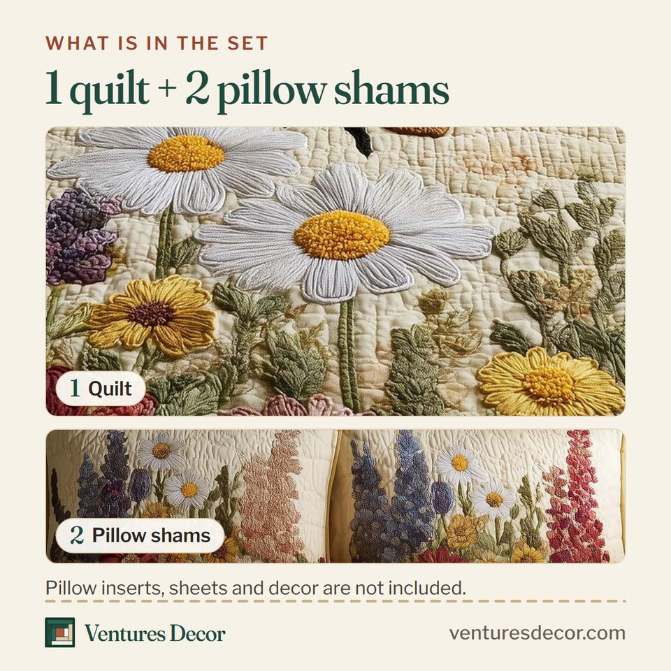 What is in the set: one quilt and two pillow shams, shown in the Bee Heaven Bee Over The Wildflower Bank design