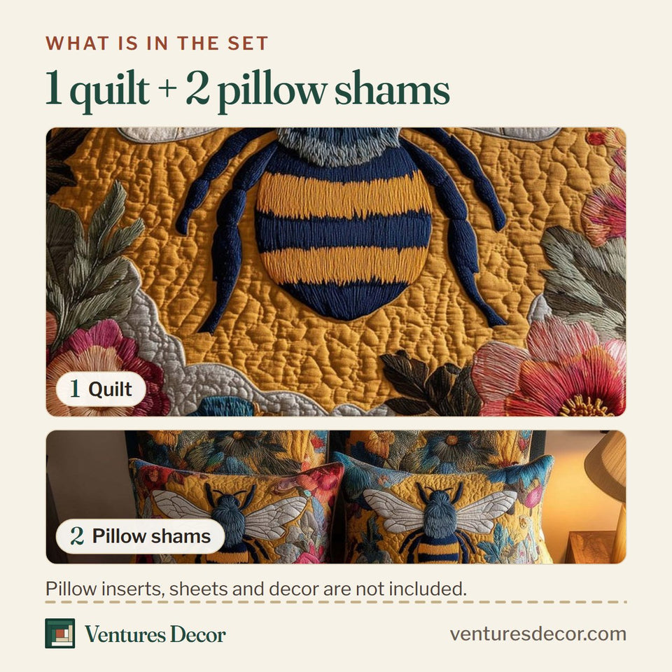 What is in the set: one quilt and two pillow shams, shown in the Bee Heaven Folk Flowers On Yellow design