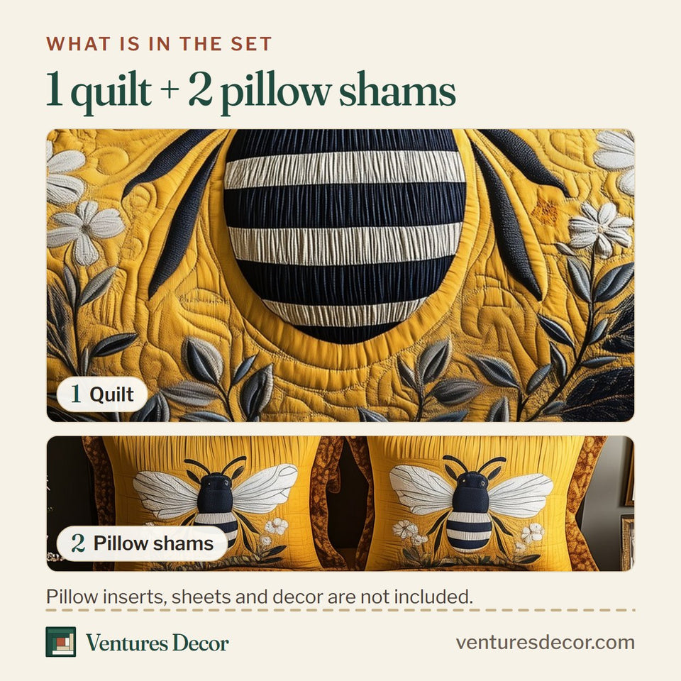 What is in the set: one quilt and two pillow shams, shown in the Bee Single Bee with White Daisies design
