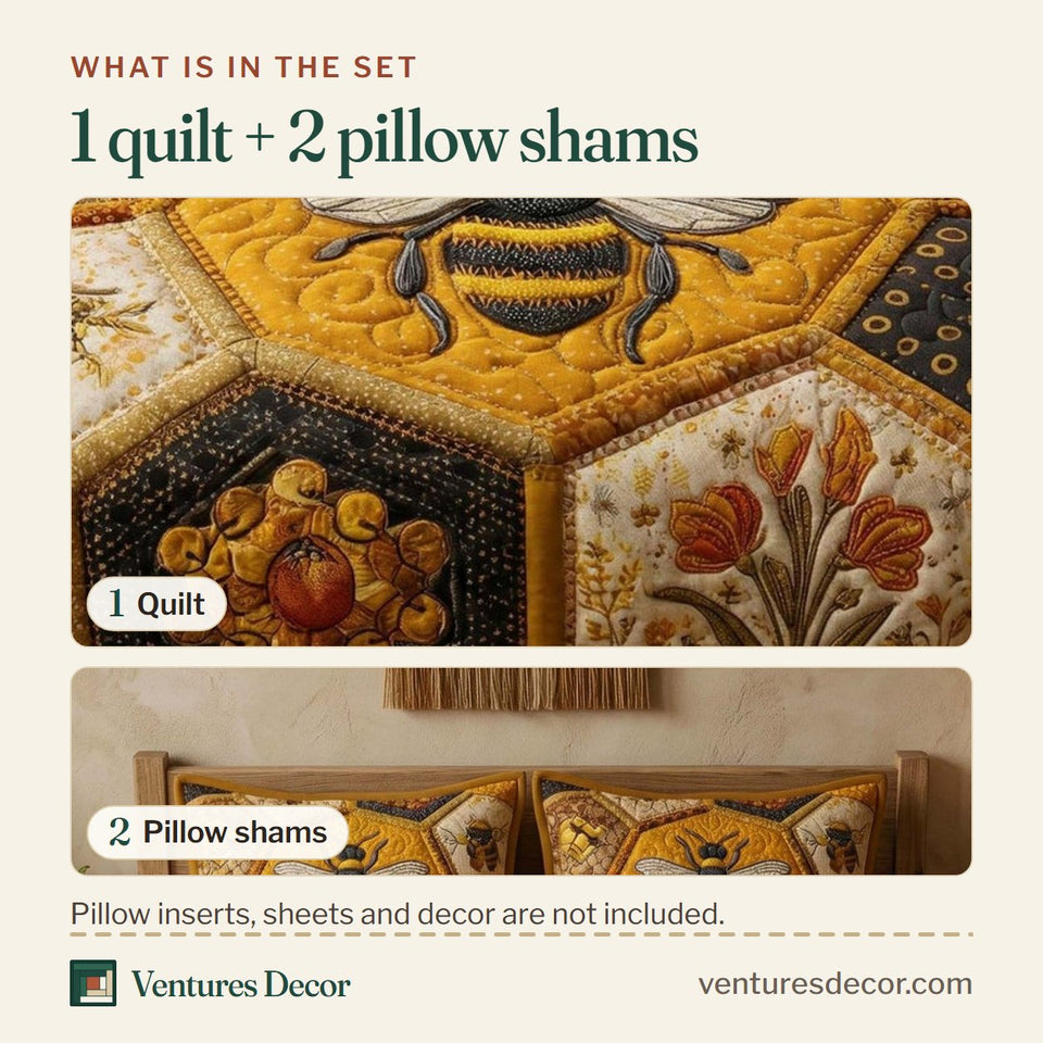 What is in the set: one quilt and two pillow shams, shown in the Beehive Folk Flower Hexagons design