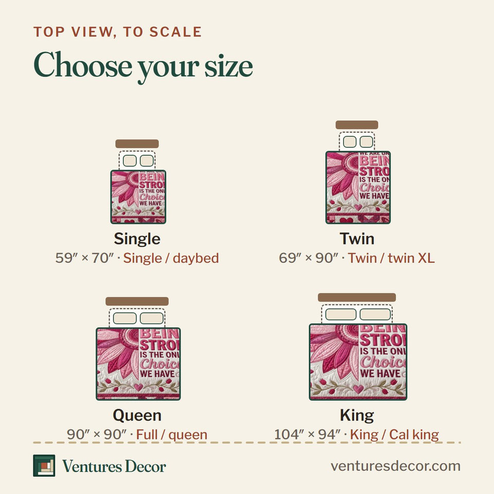 Size guide for the Being Strong Pink Petals quilt, top view to scale: Single 59 x 70 in, Twin 69 x 90 in, Queen 90 x 90 in, King 104 x 94 in