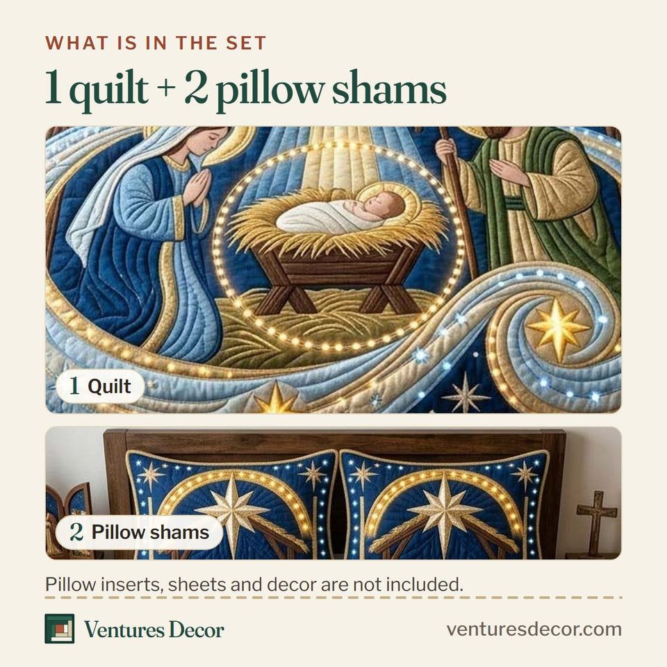 What is in the set: one quilt and two pillow shams, shown in the Bethlehem Star Swirl design