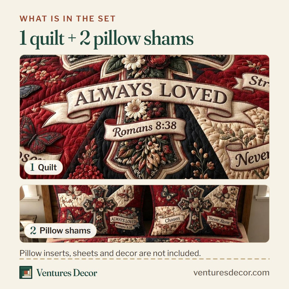 What is in the set: one quilt and two pillow shams, shown in the Bible Bloom design
