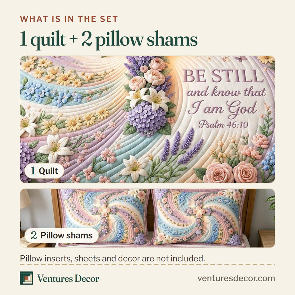 What is in the set: one quilt and two pillow shams, shown in the Bible Blossoms design