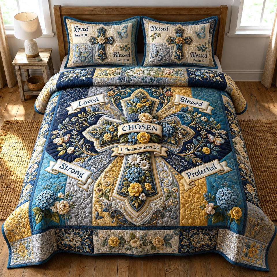 Bible Garden quilted bedding set, quilt and two pillow shams on a made bed