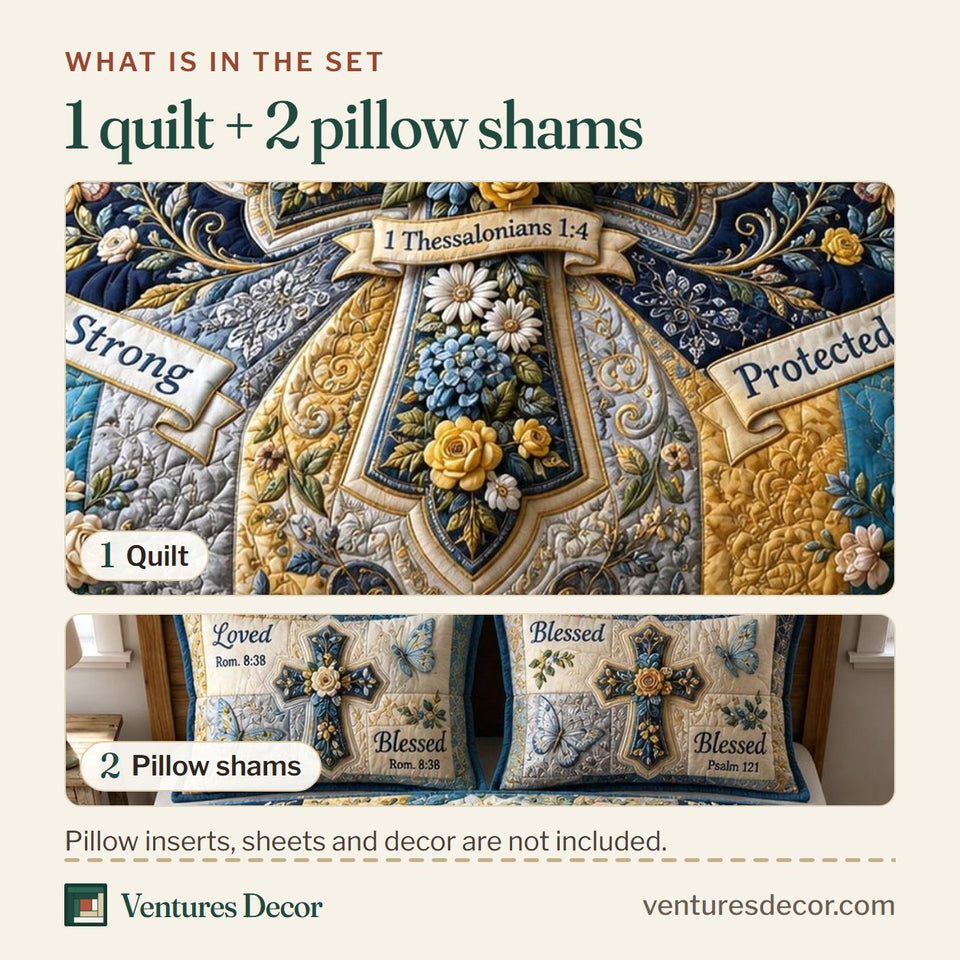 What is in the set: one quilt and two pillow shams, shown in the Bible Garden design