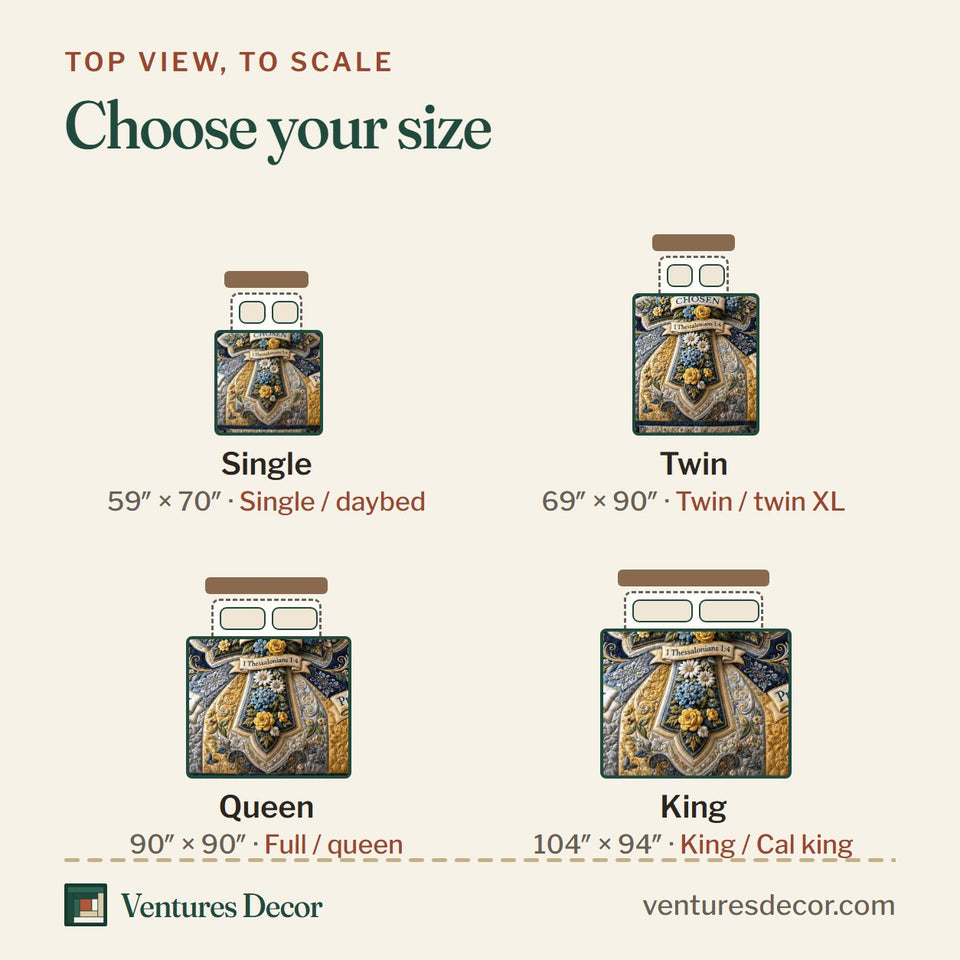 Size guide for the Bible Garden quilt, top view to scale: Single 59 x 70 in, Twin 69 x 90 in, Queen 90 x 90 in, King 104 x 94 in