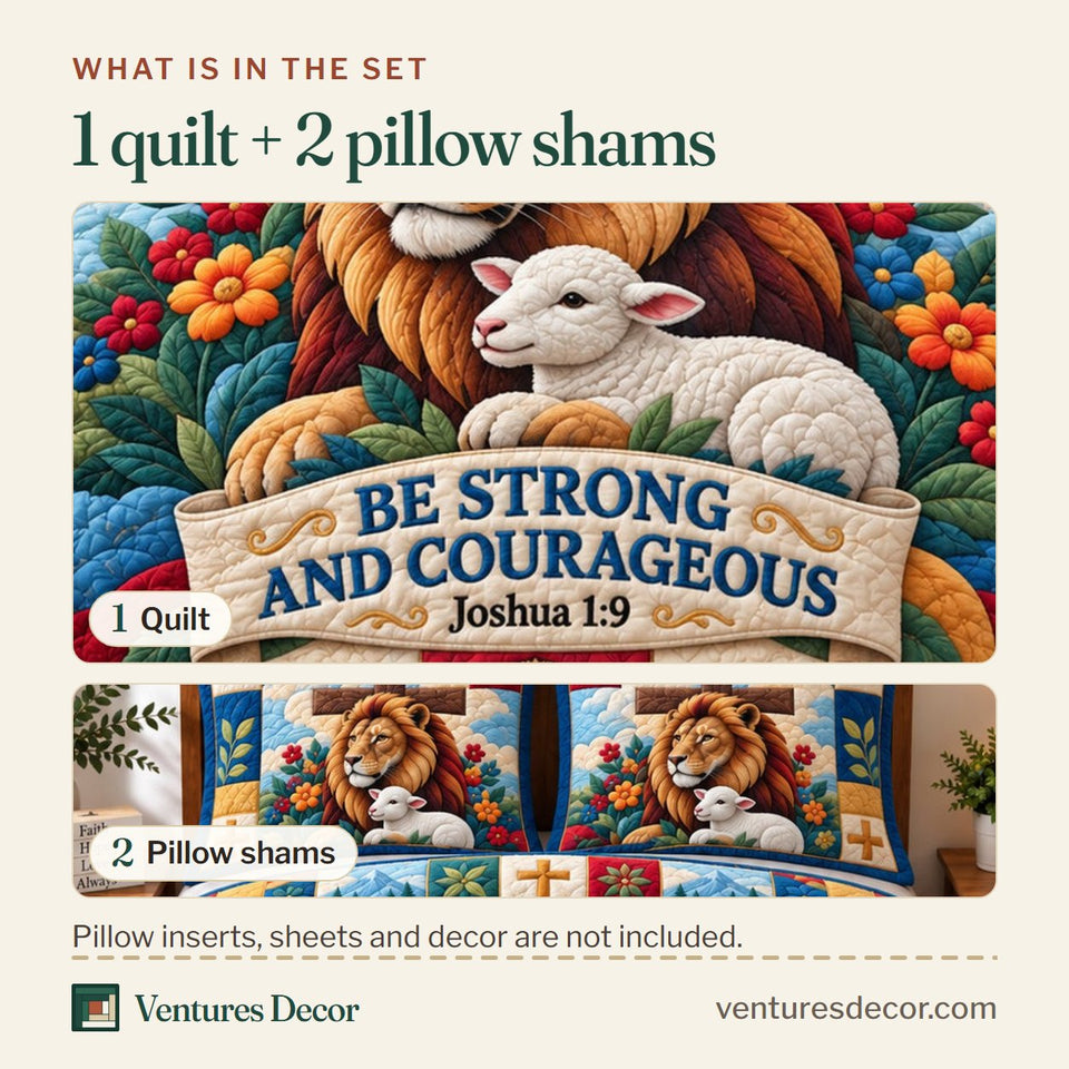 What is in the set: one quilt and two pillow shams, shown in the Bible Quotes design