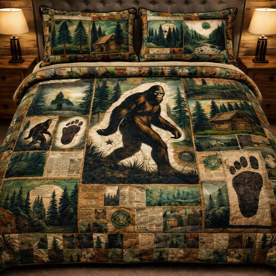 Bigfoot Cabin Chronicle quilted bedding set, quilt and two pillow shams on a made bed