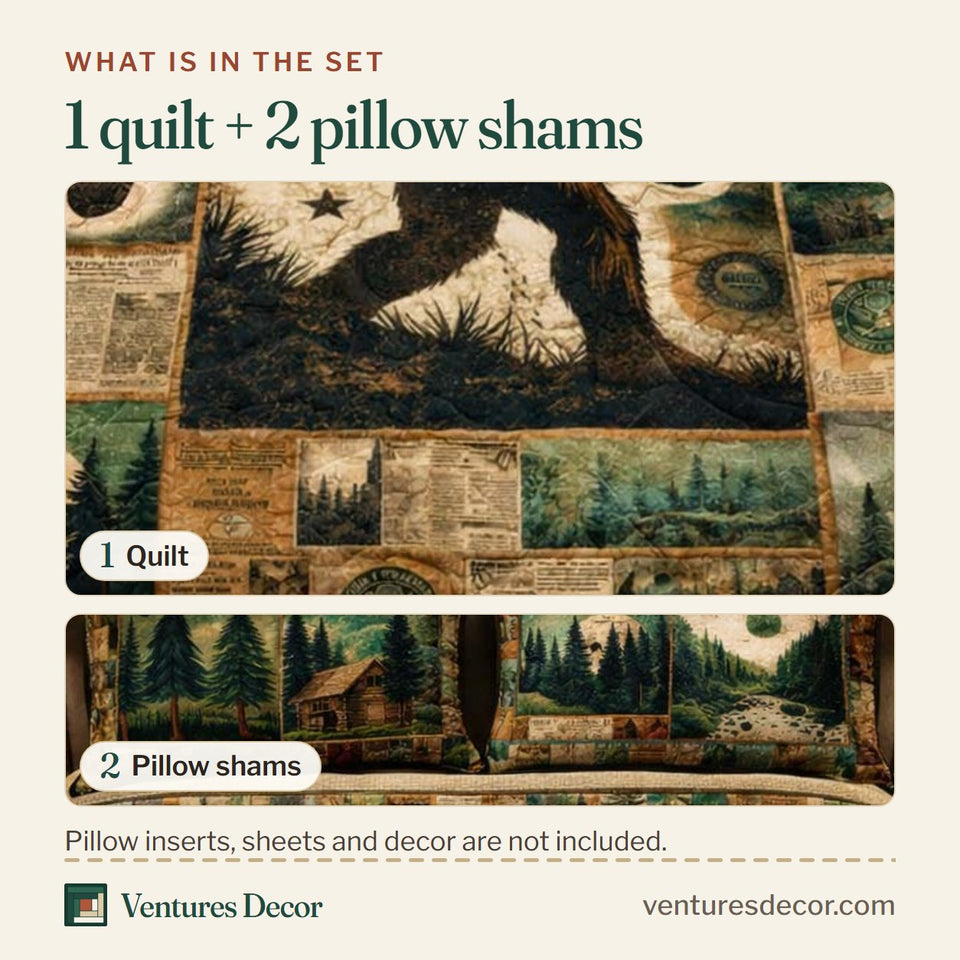 What is in the set: one quilt and two pillow shams, shown in the Bigfoot Cabin Chronicle design