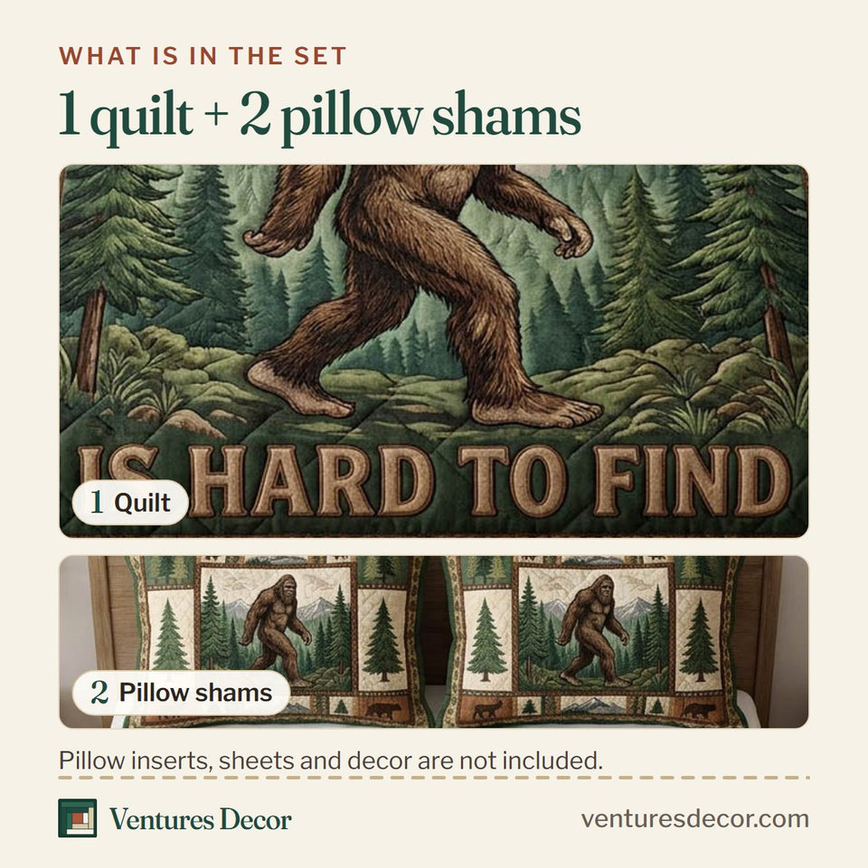 What is in the set: one quilt and two pillow shams, shown in the Bigfoot Camp design