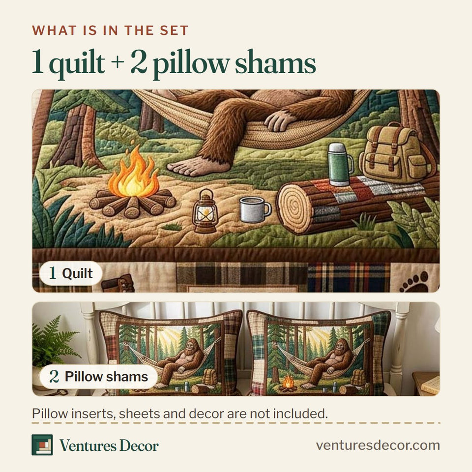 What is in the set: one quilt and two pillow shams, shown in the Bigfoot Hammock Forest Nap design