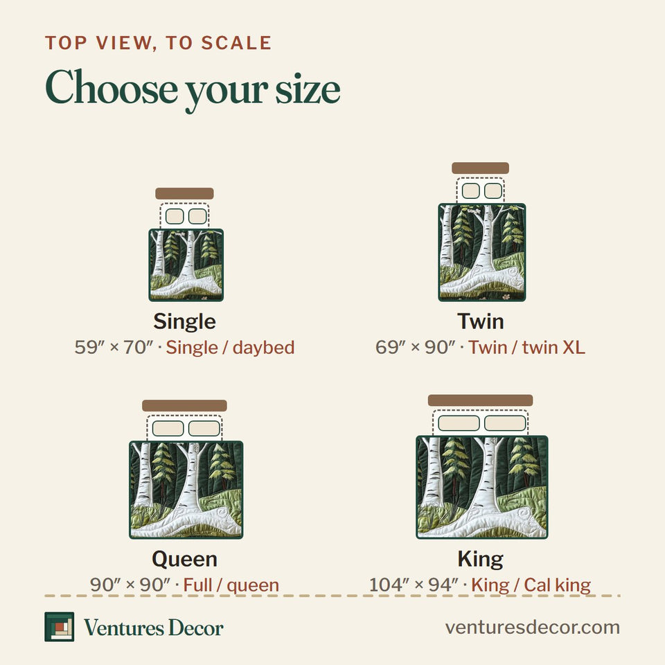 Size guide for the Birch Forest quilt, top view to scale: Single 59 x 70 in, Twin 69 x 90 in, Queen 90 x 90 in, King 104 x 94 in