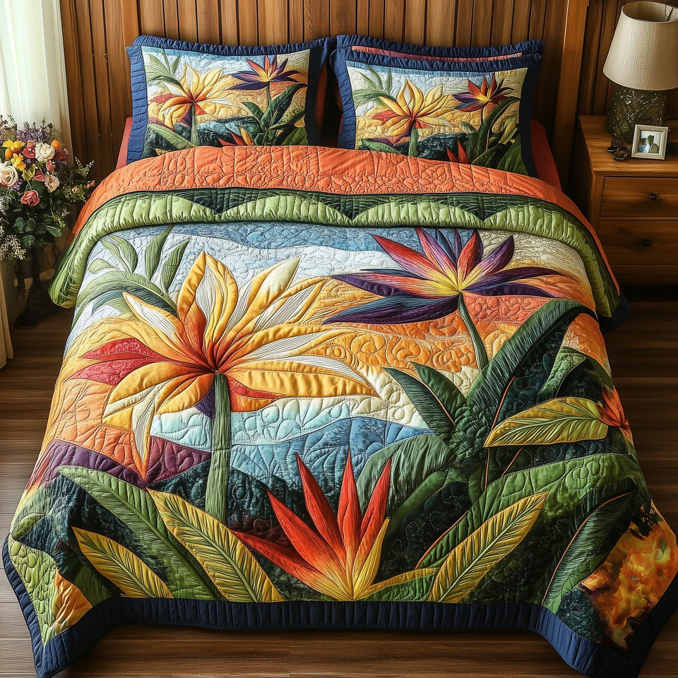 Bird Of Paradise Flower Yellow Bloom On Red Trim quilted bedding set, quilt and two pillow shams on a made bed