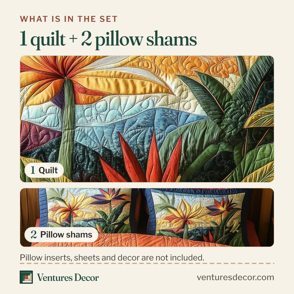 What is in the set: one quilt and two pillow shams, shown in the Bird Of Paradise Flower Yellow Bloom On Red Trim design