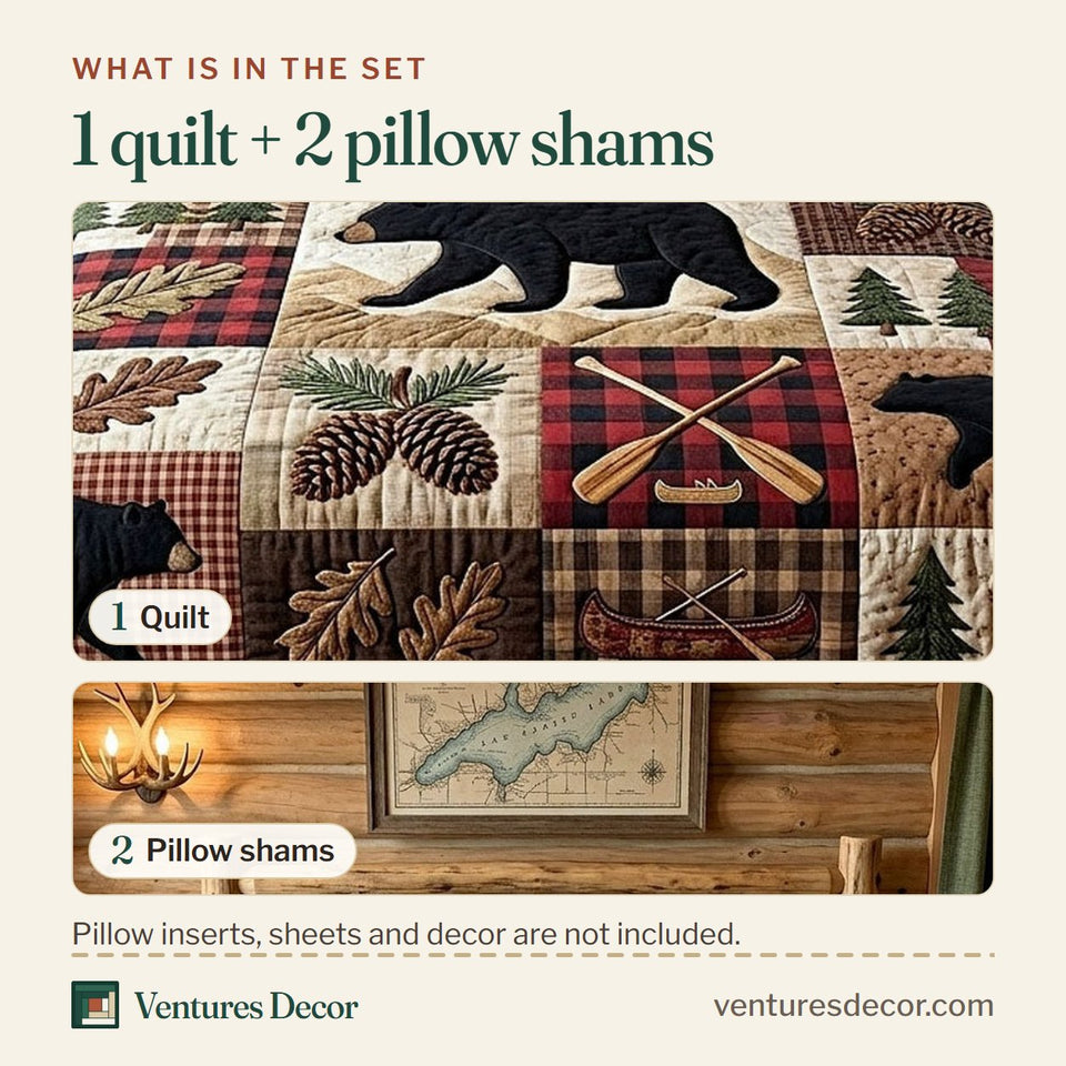 What is in the set: one quilt and two pillow shams, shown in the Black Bear Lodge Patches design