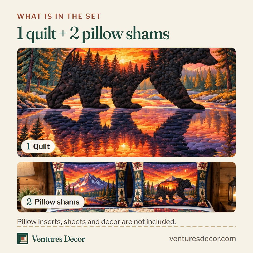 What is in the set: one quilt and two pillow shams, shown in the Black Bear Mountain Sunset Quilt Set, 3-Piece Quilted Bedding with 2 Pillow Shams design