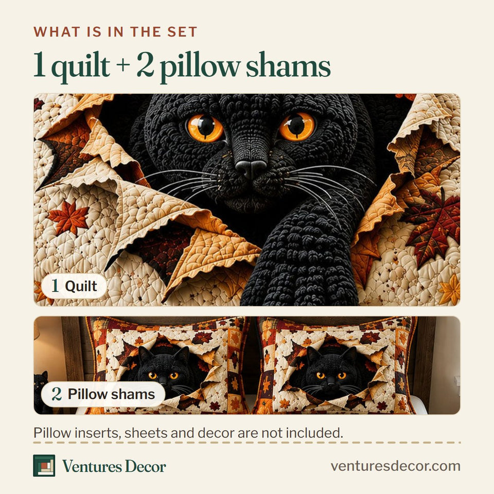 What is in the set: one quilt and two pillow shams, shown in the Black Cat Autumn design