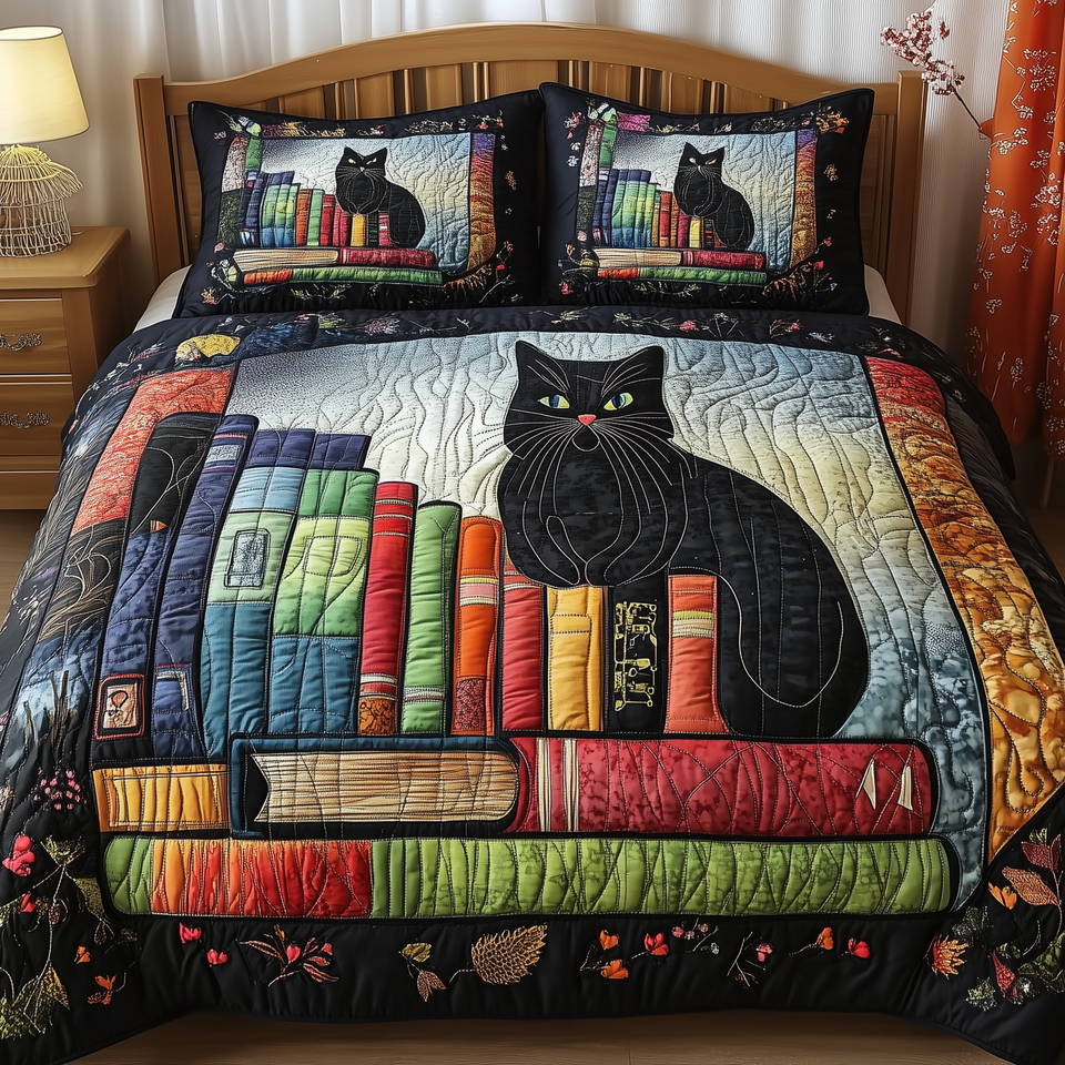 Black Cat Behind a Row of Upright Books quilted bedding set, quilt and two pillow shams on a made bed