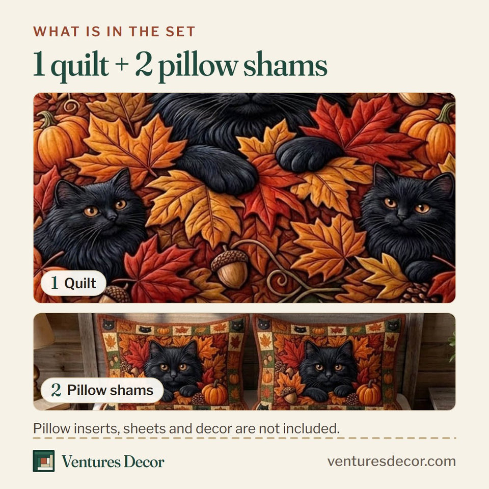What is in the set: one quilt and two pillow shams, shown in the Black Cat Cats Among Maple Leaves and Pumpkins design