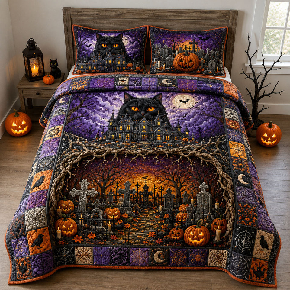 Black Cat Haunted Graveyard quilted bedding set, quilt and two pillow shams on a made bed