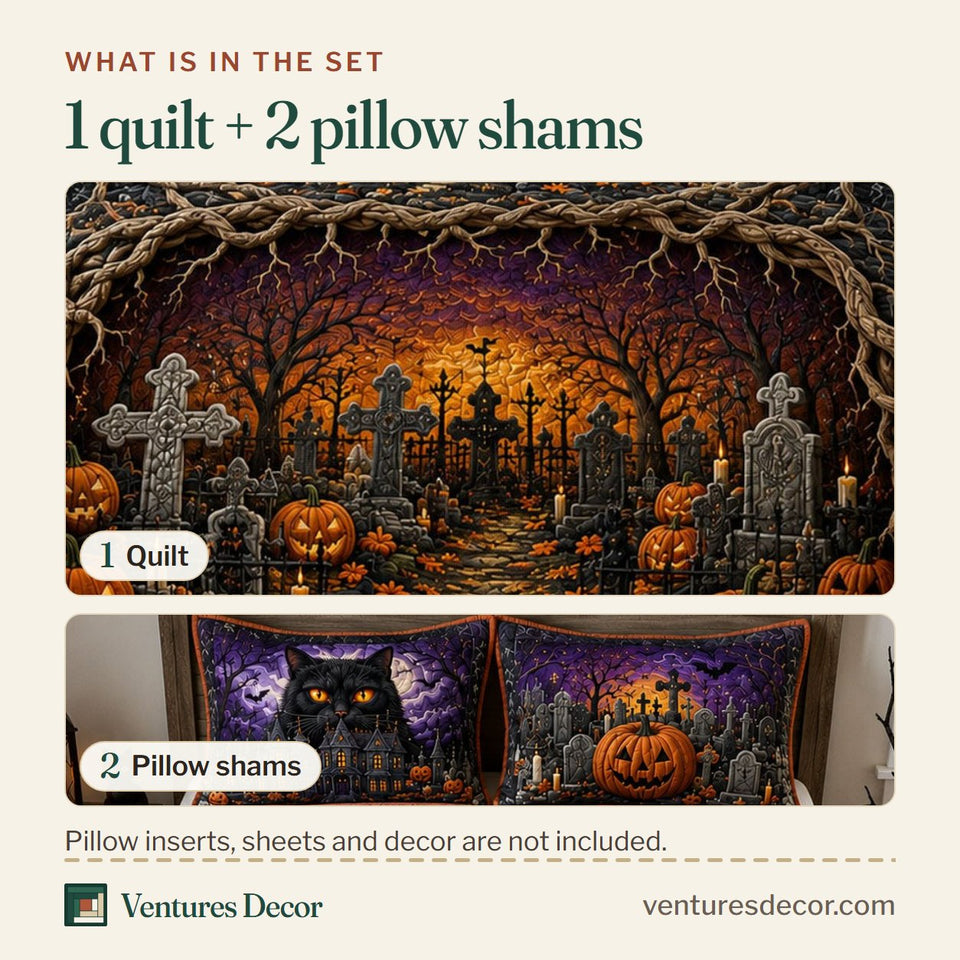What is in the set: one quilt and two pillow shams, shown in the Black Cat Haunted Graveyard design