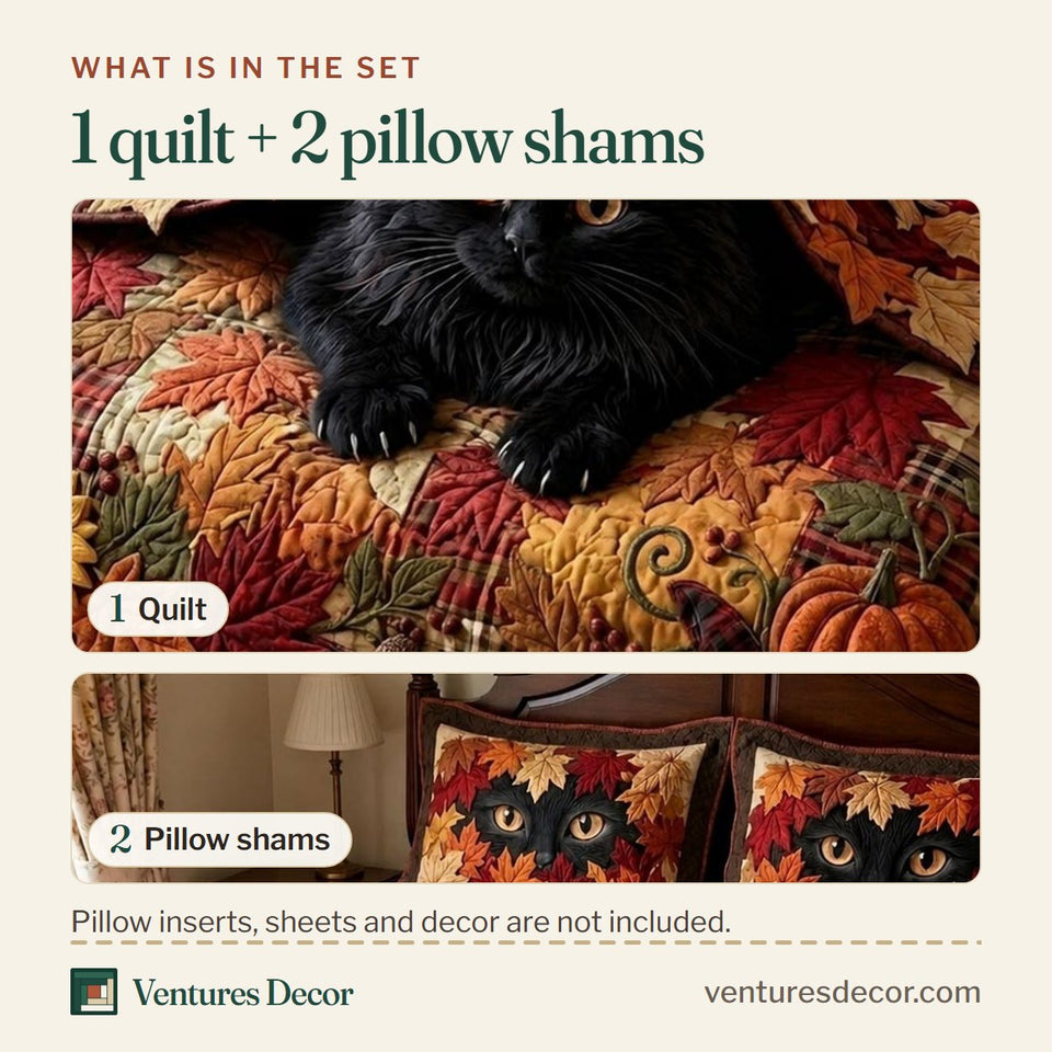 What is in the set: one quilt and two pillow shams, shown in the Black Cat Leaf Pile design