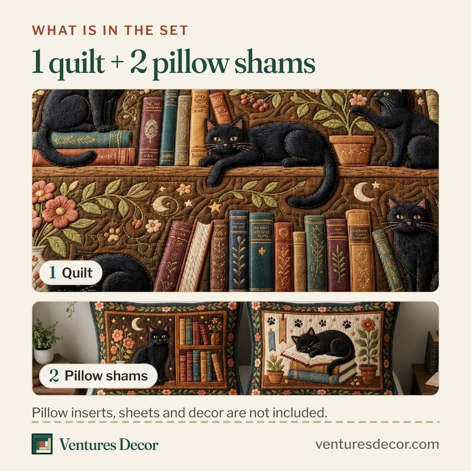 What is in the set: one quilt and two pillow shams, shown in the Black Cat Library Garden design