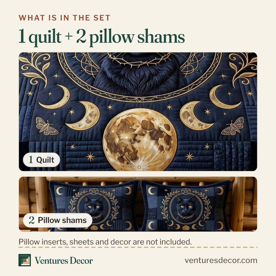 What is in the set: one quilt and two pillow shams, shown in the Black Cat Magic Moon Phase Medallion design