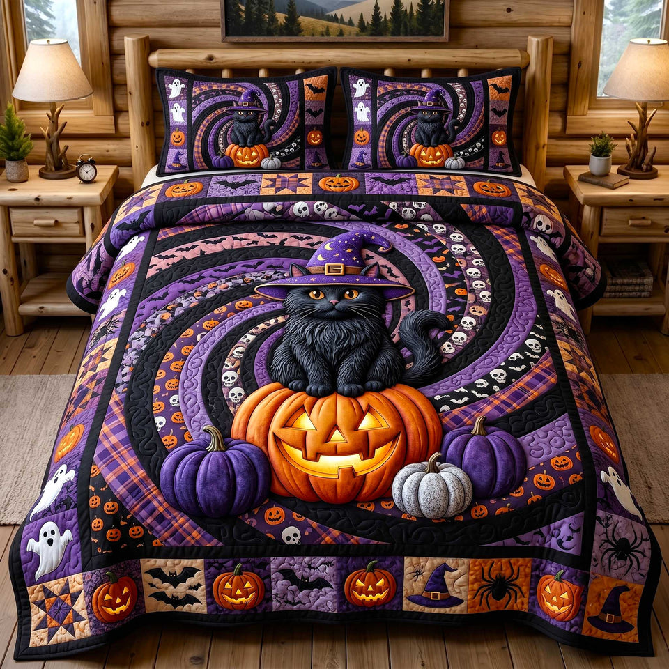 Black Cat Magic Purple Swirls And Pumpkins quilted bedding set, quilt and two pillow shams on a made bed