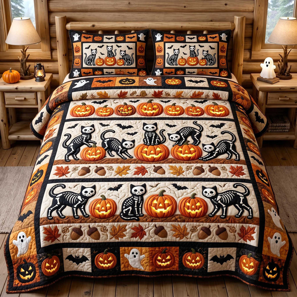 Black Cat Magic Rows Of Pumpkins And Ghosts quilted bedding set, quilt and two pillow shams on a made bed