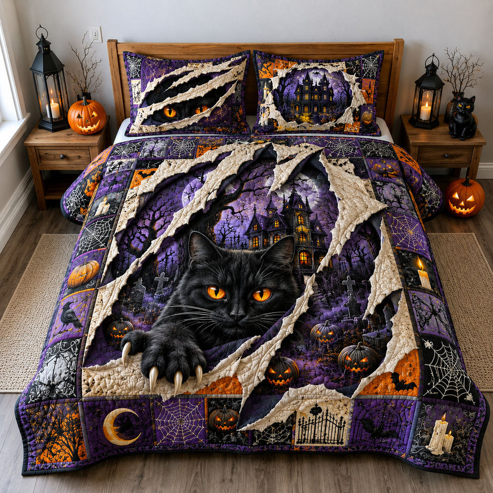 Black Cat Ripped Halloween quilted bedding set, quilt and two pillow shams on a made bed