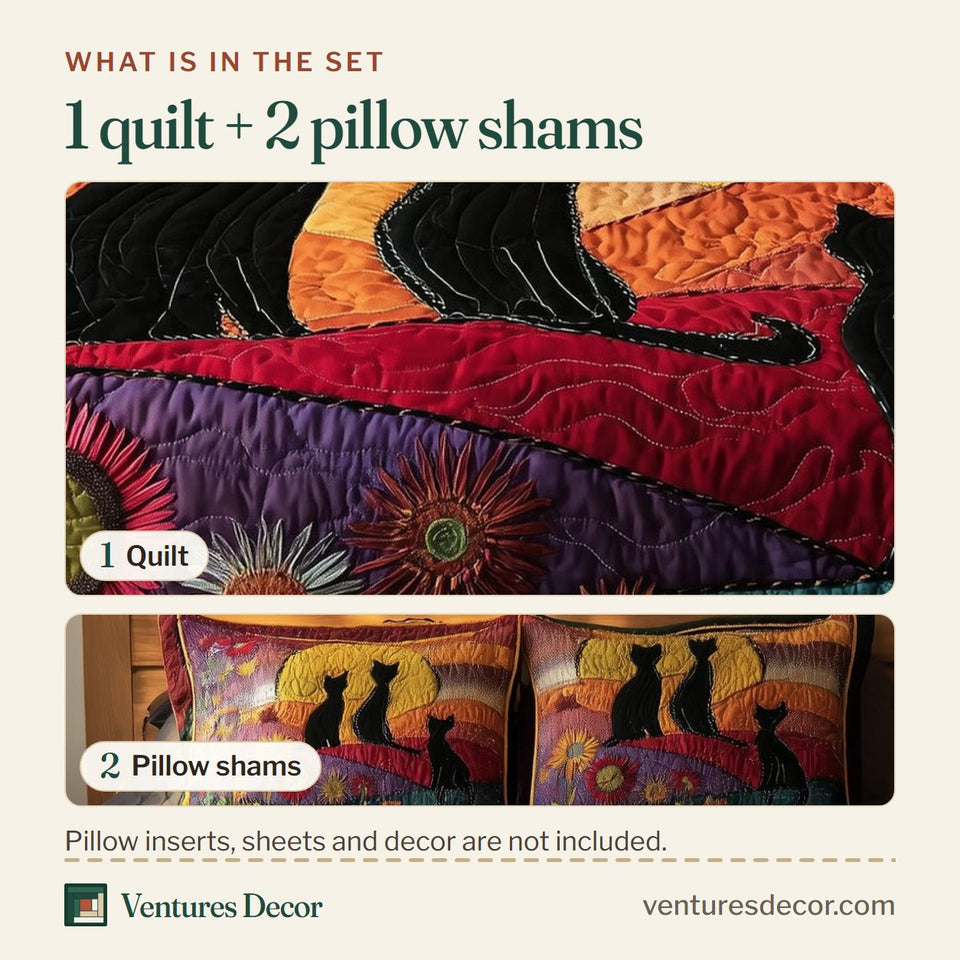 What is in the set: one quilt and two pillow shams, shown in the Black Cats Sunset Hill design