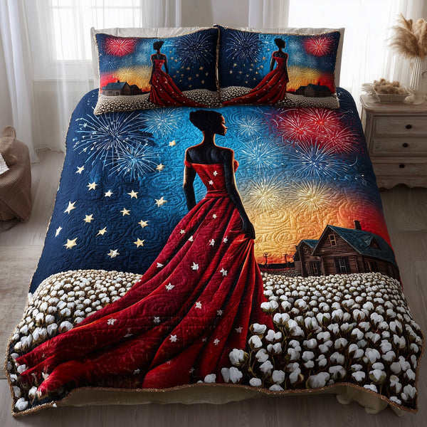 Black History Red Gown Beneath Fireworks quilted bedding set, quilt and two pillow shams on a made bed
