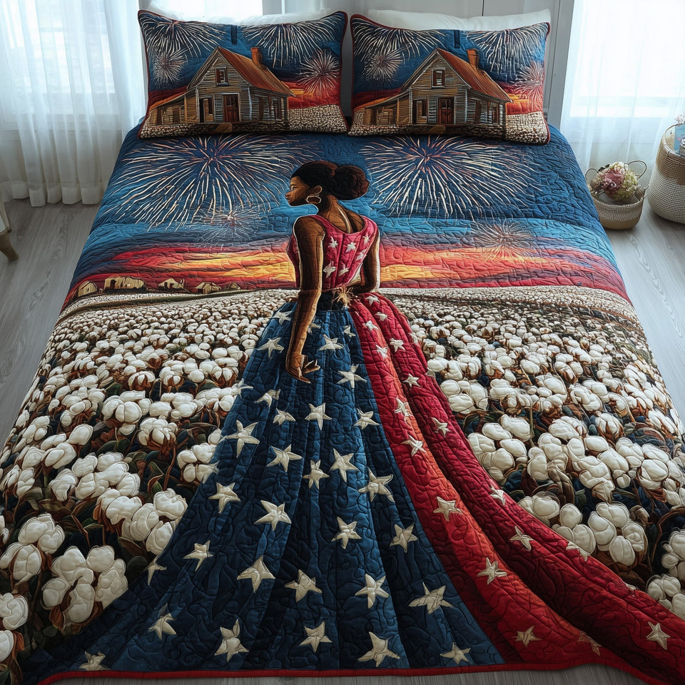 Black History Star Covered Gown At Sunset quilted bedding set, quilt and two pillow shams on a made bed