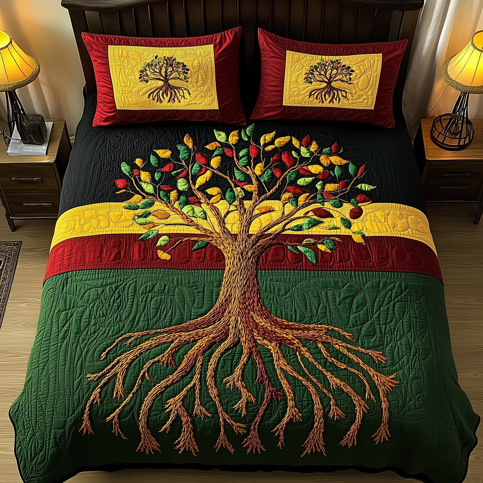 Black History Tree Bands Of Red Gold And Green quilted bedding set, quilt and two pillow shams on a made bed
