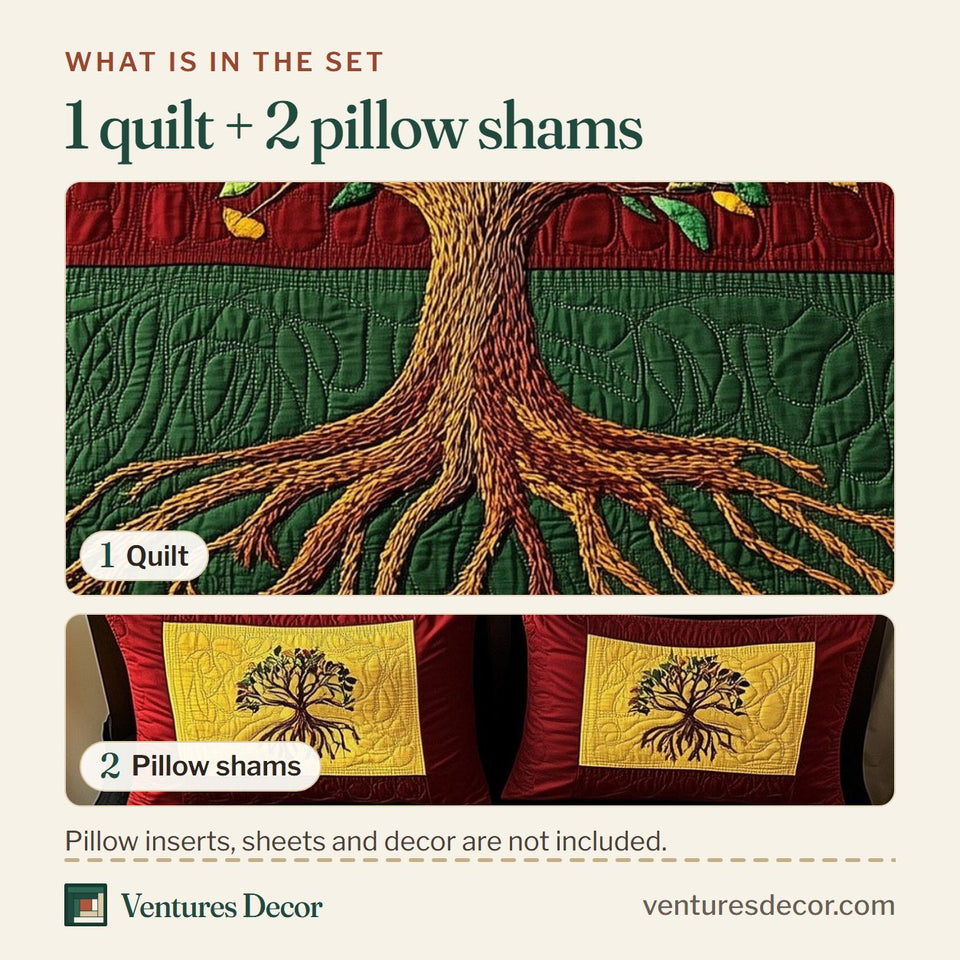 What is in the set: one quilt and two pillow shams, shown in the Black History Tree Bands Of Red Gold And Green design