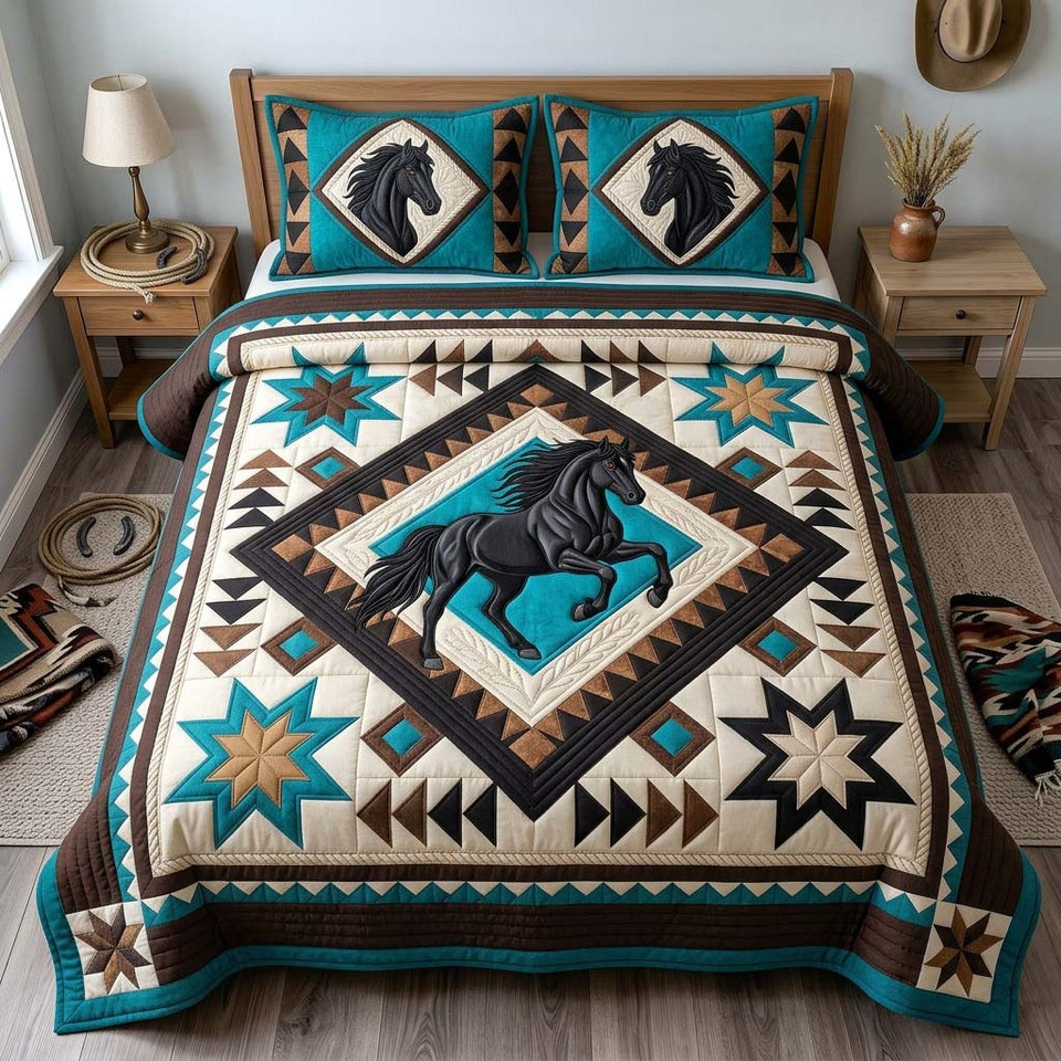 Black Horse Star quilted bedding set, quilt and two pillow shams on a made bed