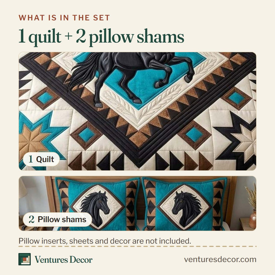 What is in the set: one quilt and two pillow shams, shown in the Black Horse Star design