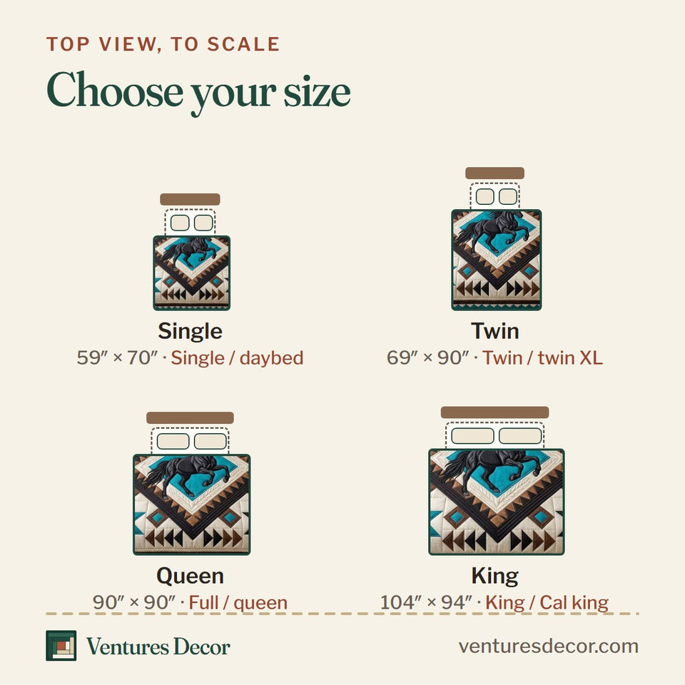 Size guide for the Black Horse Star quilt, top view to scale: Single 59 x 70 in, Twin 69 x 90 in, Queen 90 x 90 in, King 104 x 94 in