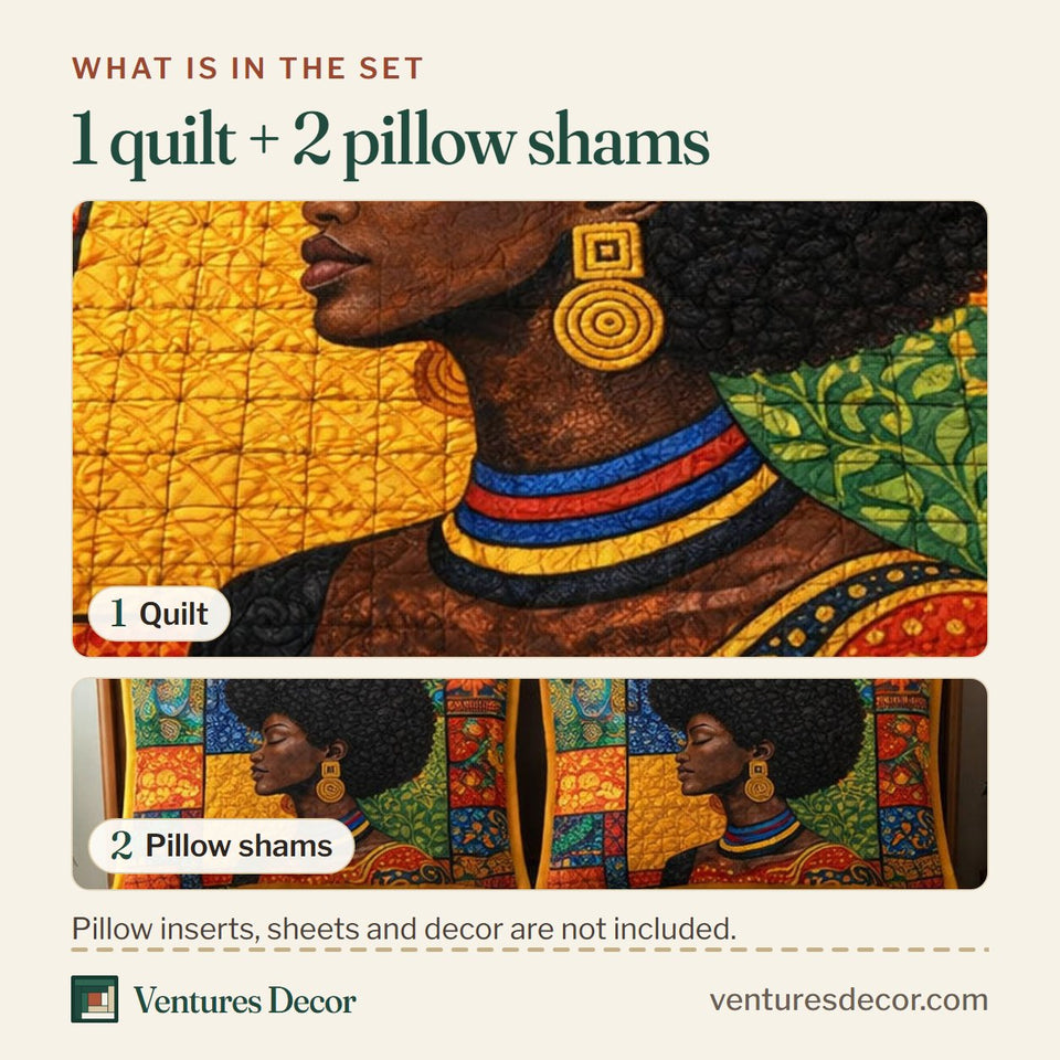 What is in the set: one quilt and two pillow shams, shown in the Black Queen Profile On Bright Patchwork design