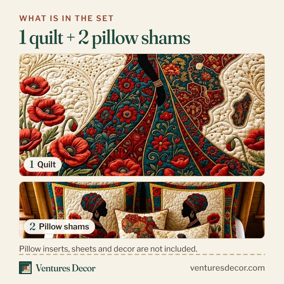 What is in the set: one quilt and two pillow shams, shown in the Black Royalty design