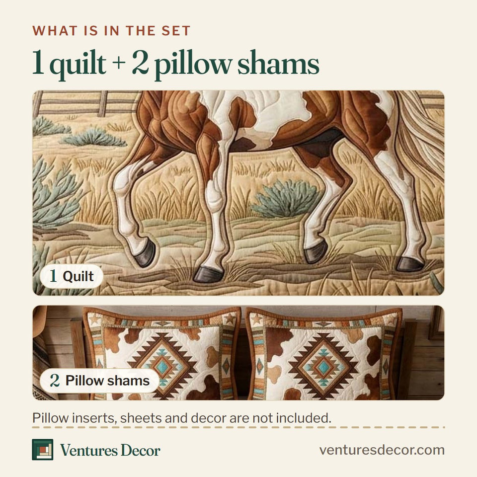 What is in the set: one quilt and two pillow shams, shown in the Black Stallion Desert design
