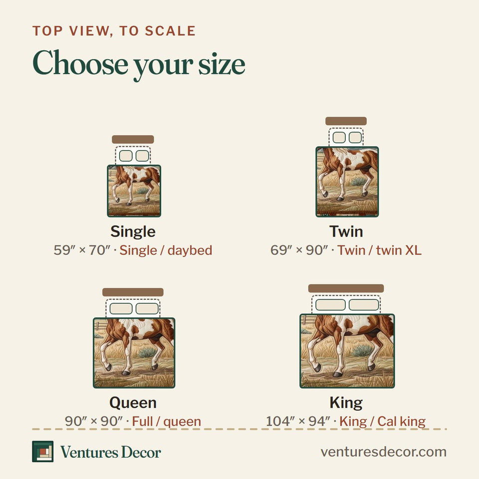 Size guide for the Black Stallion Desert quilt, top view to scale: Single 59 x 70 in, Twin 69 x 90 in, Queen 90 x 90 in, King 104 x 94 in