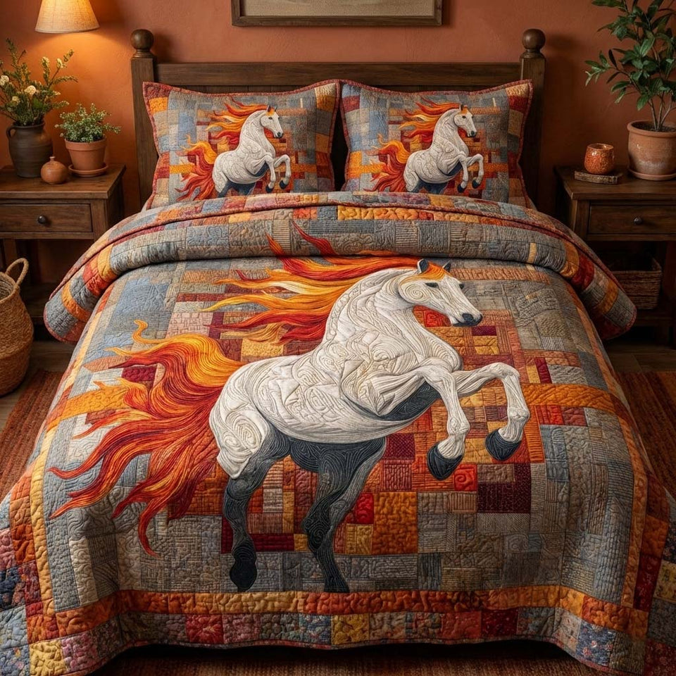 Blazing Mane quilted bedding set, quilt and two pillow shams on a made bed