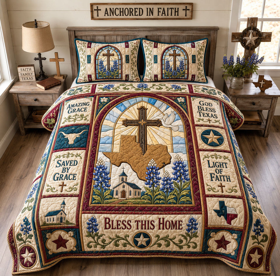 Bless This Home Texas Faith quilted bedding set, quilt and two pillow shams on a made bed