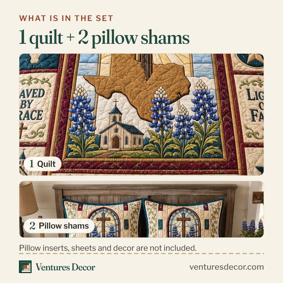 What is in the set: one quilt and two pillow shams, shown in the Bless This Home Texas Faith design