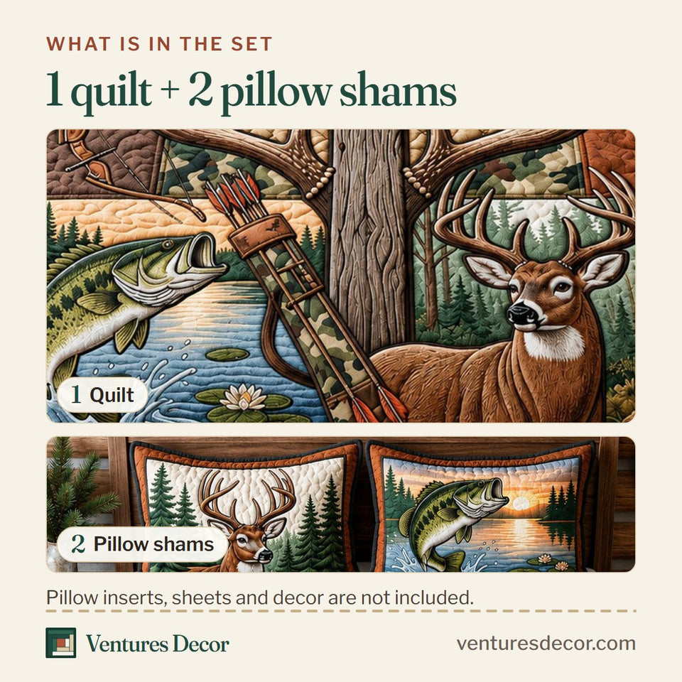 What is in the set: one quilt and two pillow shams, shown in the Blessed By The Wild design